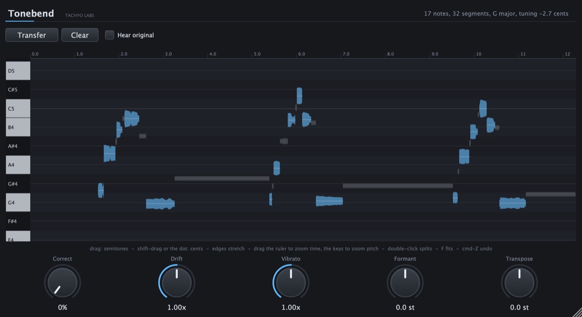 Tonebend's plugin window: a sung take shown as notes on a piano roll, with Correct, Drift, Vibrato, Formant and Transpose knobs
